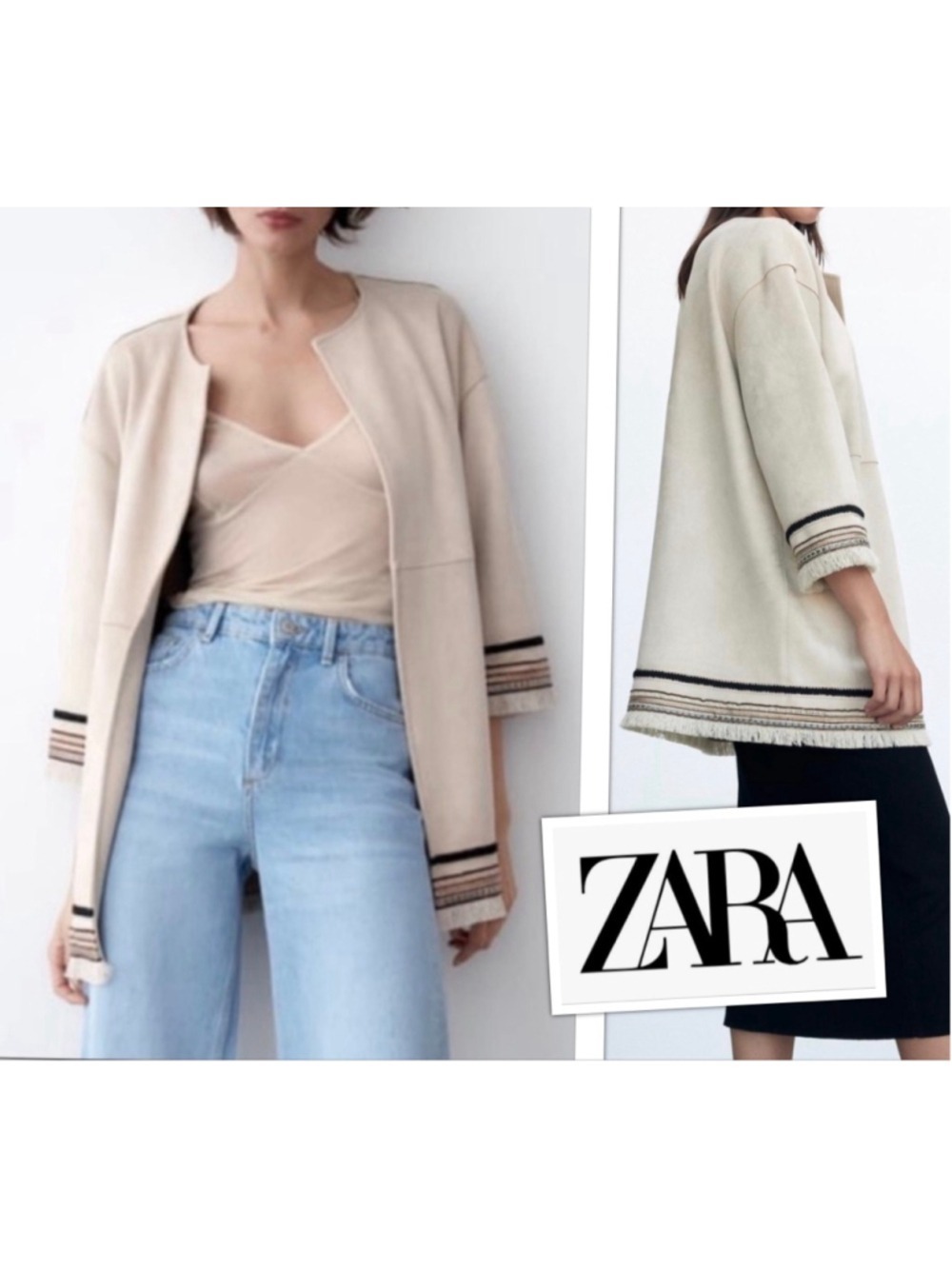 Zara Penny Lane Boho Embroidered Suede Fringe Jacket size Med Scandi Girl Chic